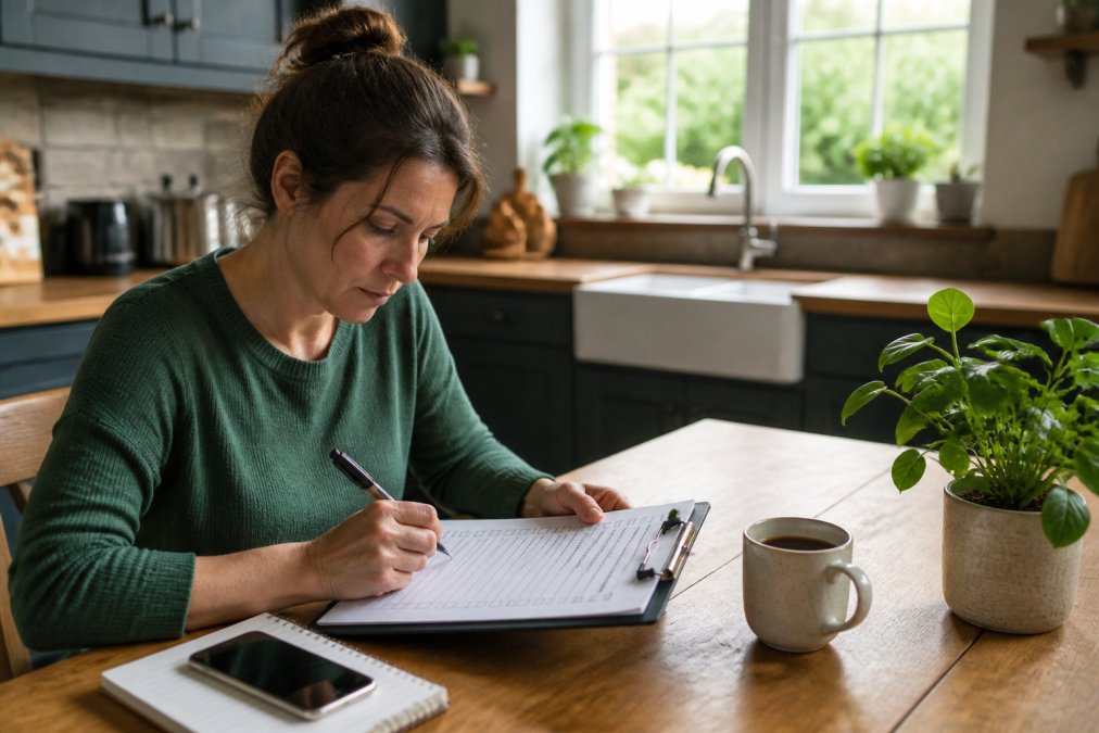Homeowner reviewing a detailed checklist on a clipboard with a pen, notebook, and mobile phone on a kitchen table with natural light streaming through a window