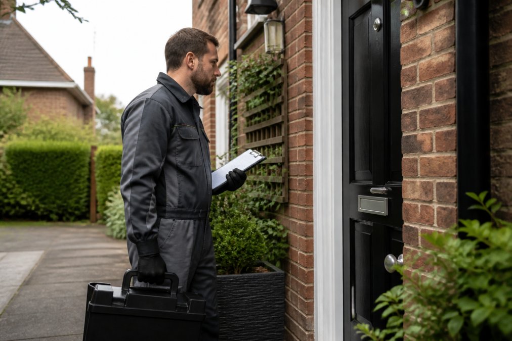 Professional pest control technician in branded uniform arriving at a residential property entrance with equipment case and clipboard, preparing for emergency service