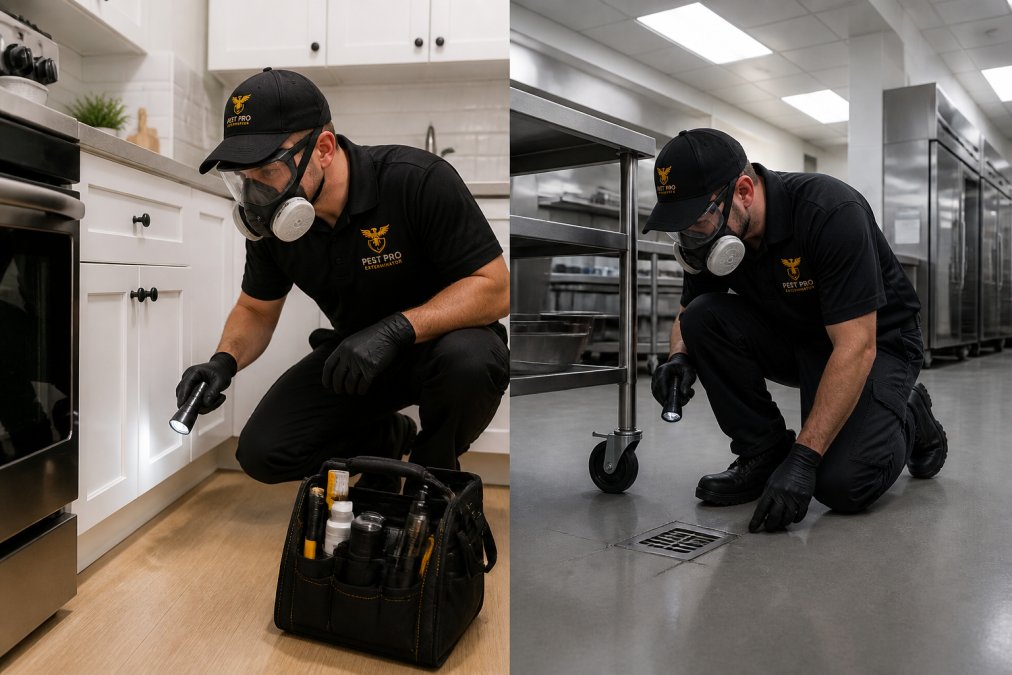 Professional demonstrating pest inspection technique in modern residential kitchen with protective equipment and inspection tools visible