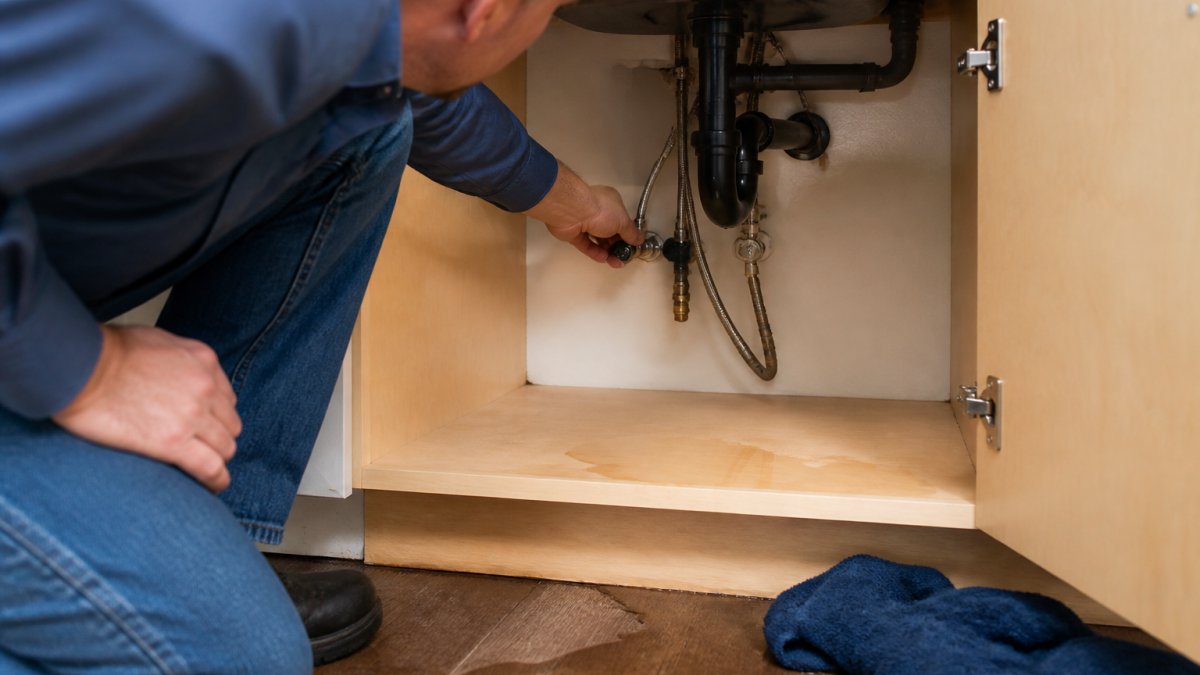 Homeowner shutting off the main water valve to prevent high emergency pipe repair costs after a pipe bursts.