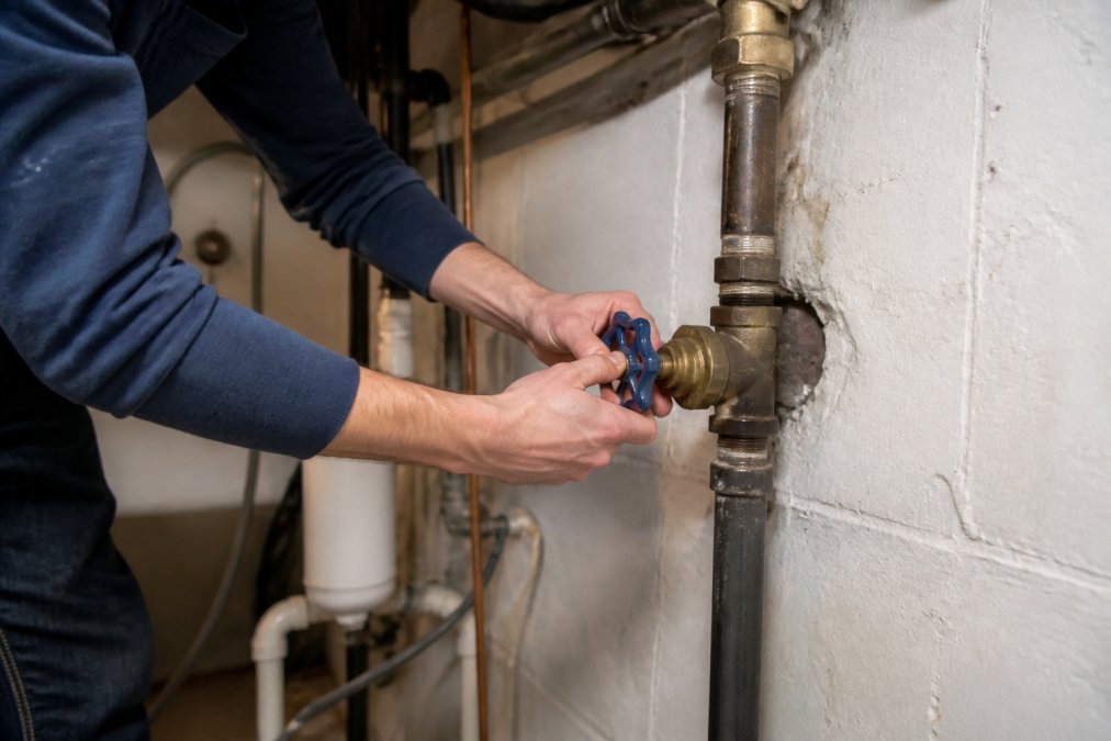 Homeowner's hands locating and turning off the main water shut-off valve in a basement, showing the valve handle in clear focus with pipes visible in the background