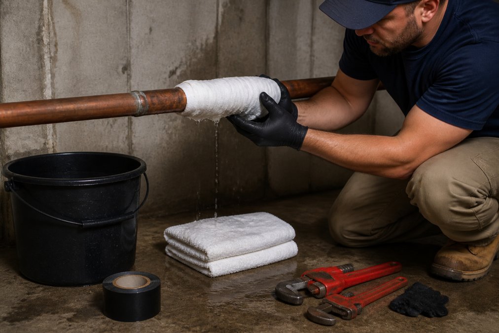 Technician wrapping a burst pipe with emergency repair tape and absorbent towels to contain water damage in a residential basement setting, with water still dripping