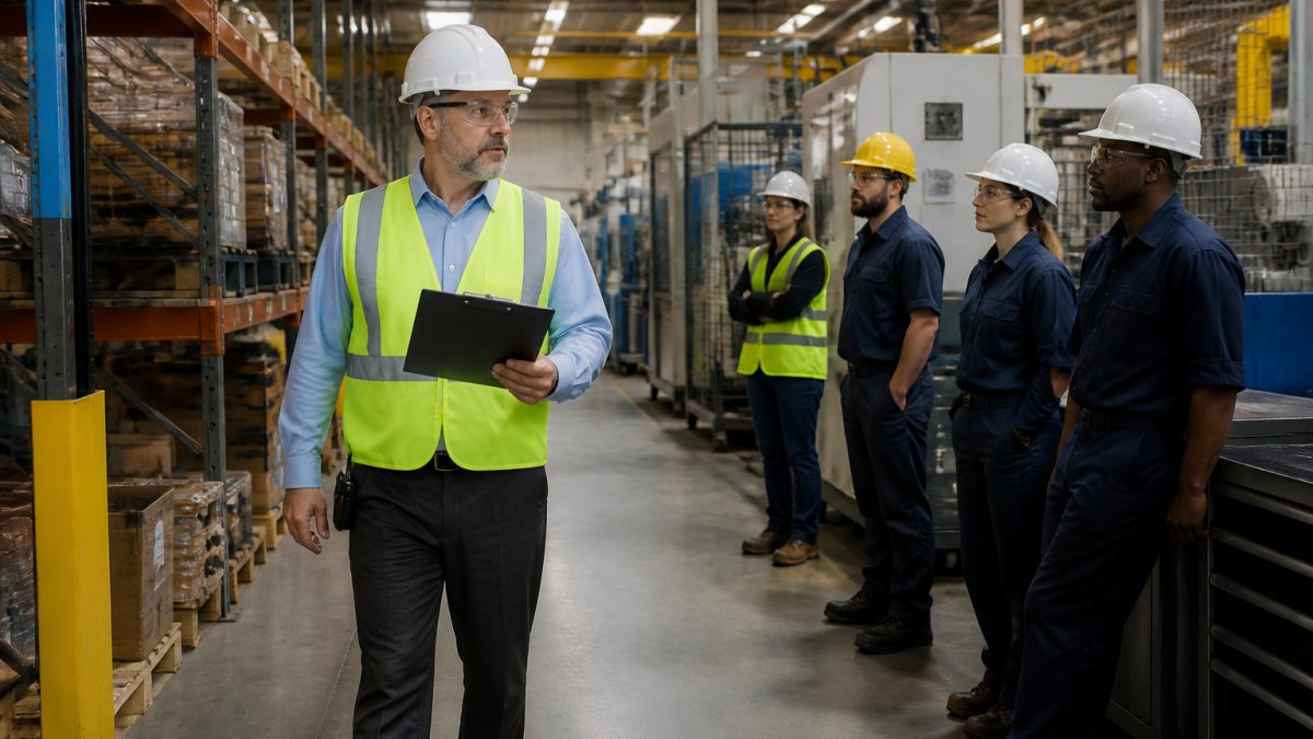 A safety manager in a hard hat and high-visibility vest holding a clipboard, walking a manufacturing floor past racking and machinery while a small team of workers watches
