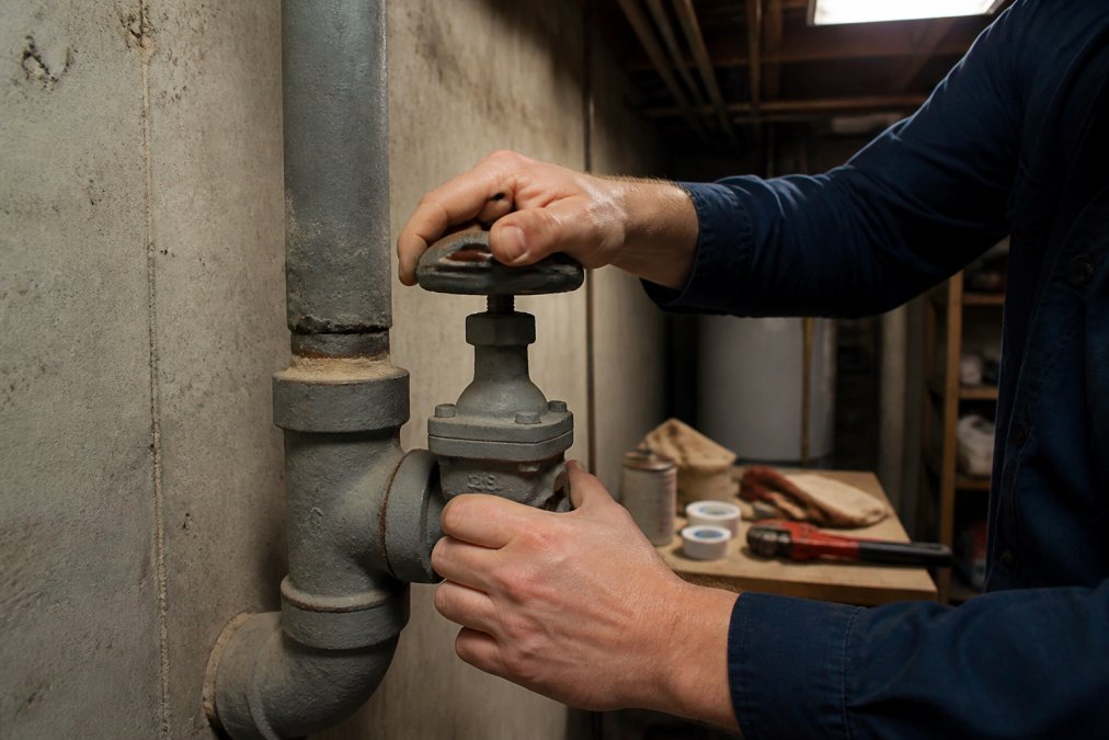 A homeowner's hands gripping and turning a round gate valve on a grey residential water main pipe in a concrete basement utility room, fluorescent overhead lighting