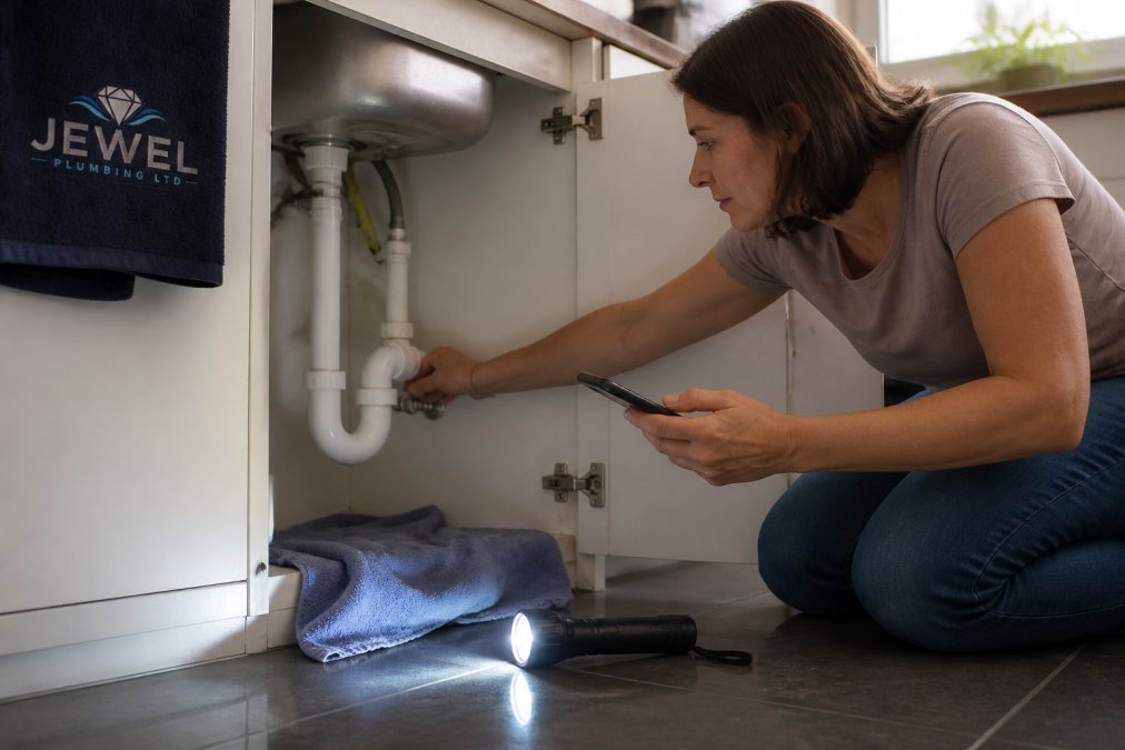 A homeowner in a kitchen turning the water isolation valve under a sink while checking a phone, with a towel on the floor and a torch nearby