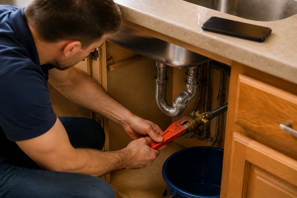 Homeowner crouched under kitchen sink using a pipe wrench to shut off the main water valve, water droplets visible on the wrench, with a smartphone on the counter nearby