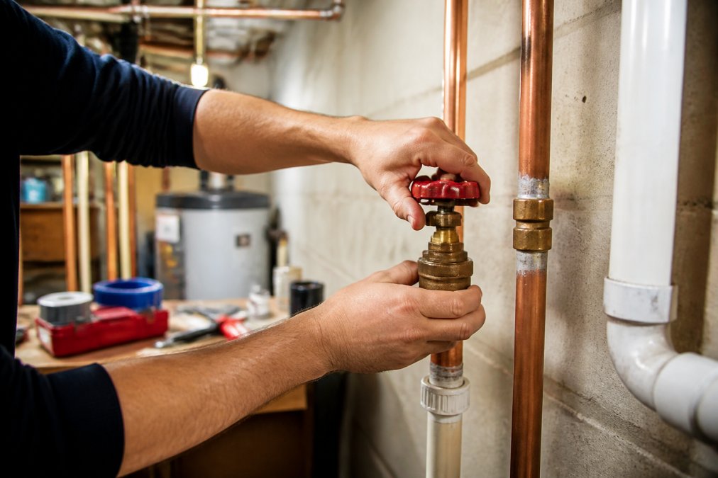 Close-up of a homeowner's hands turning a red main water shutoff valve in a basement utility area, copper and PVC pipes visible in the background, lit by a utility light overhead