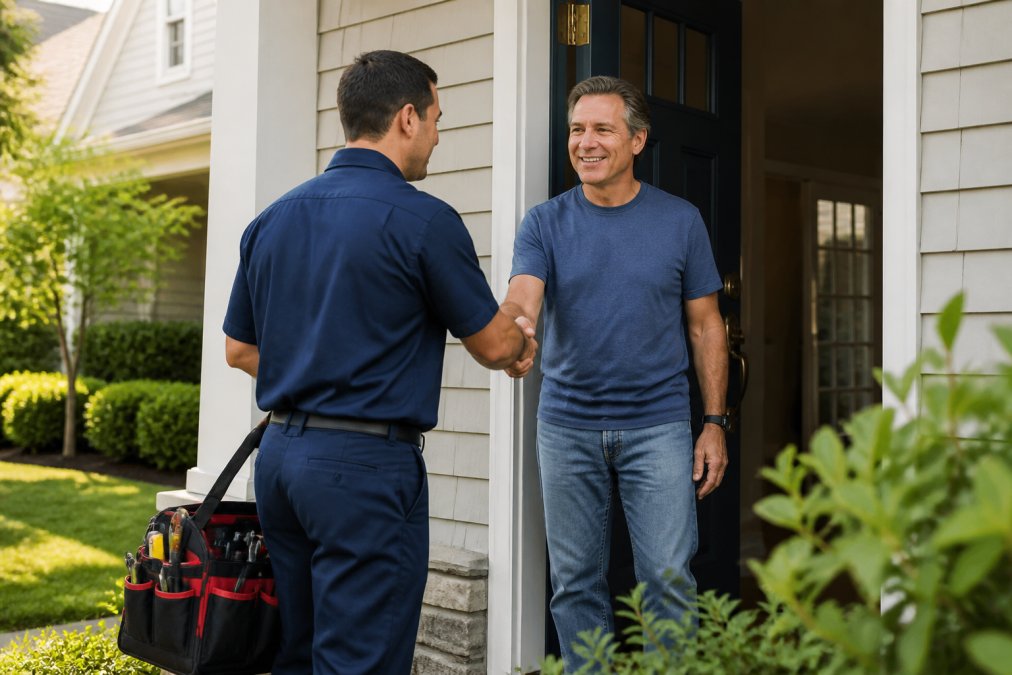 A licensed plumber in a branded uniform shaking hands with a homeowner at the front door of a suburban home, afternoon sunlight, tool bag visible at his side on the front step