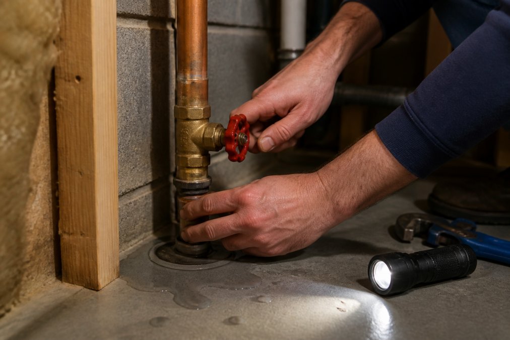 Close-up of a homeowner's hands turning a red-handled main water shut-off valve on a copper pipe in a residential utility area, with a flashlight beam and a few water droplets on the floor nearby