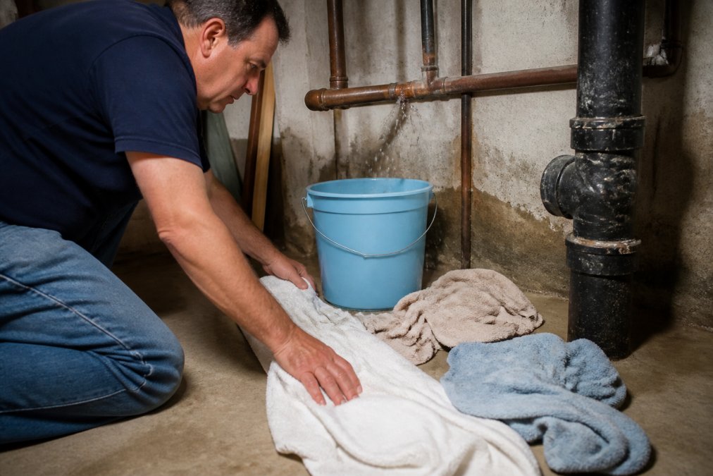 Homeowner actively placing absorbent towels and positioning a plastic bucket under a burst pipe while water drips, showing hands-on damage control in progress in a basement setting