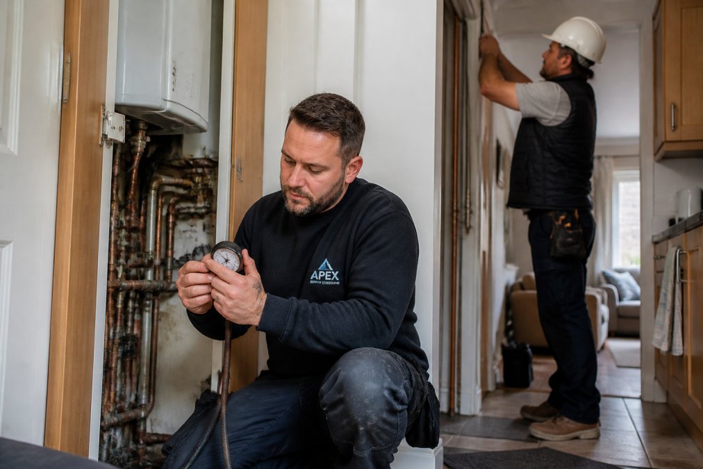 A plumber in branded workwear kneeling beside an open boiler cupboard in a British home, holding a pressure gauge while a second tradesperson in a hard hat checks pipework in the background