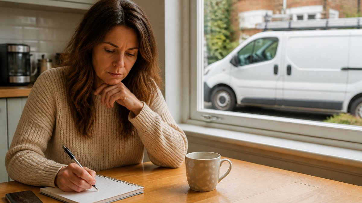 A homeowner at a kitchen table with a notepad and phone, writing down questions while a plumber's van is visible through the window