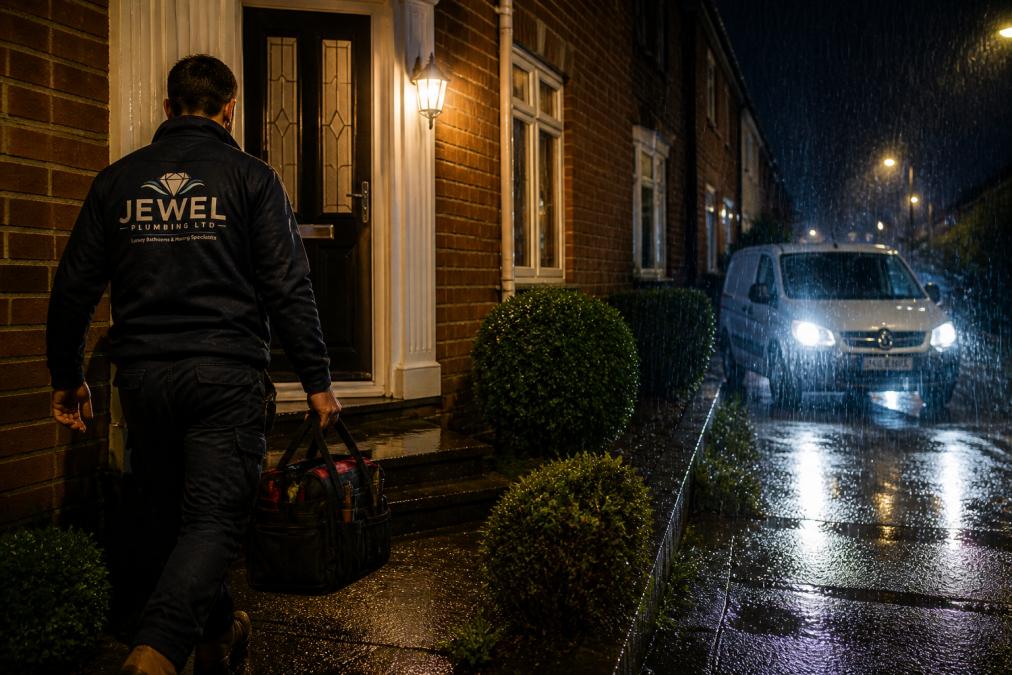 A plumber in navy workwear arriving at a residential front door at night with a tool bag, van parked on the driveway with headlights on, rain visible in the streetlight