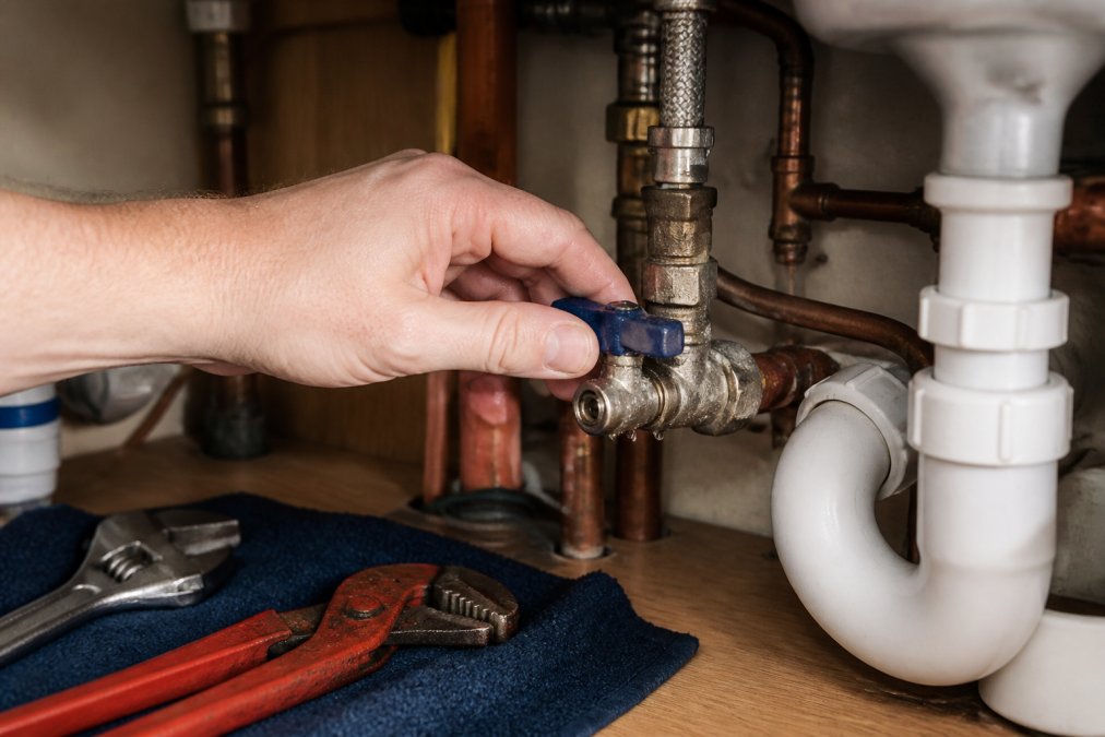 Close-up of a homeowner's hand turning a water shut-off valve beneath a kitchen sink, with copper pipes visible in the background and water droplets on the valve handle