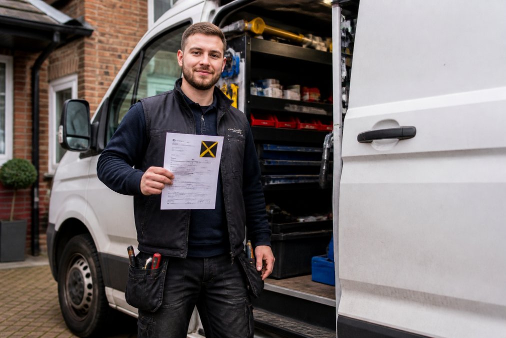 A qualified plumber in dark uniform holding a Gas Safe registration certificate in one hand while standing next to a white service van, with professional tools visible in the background