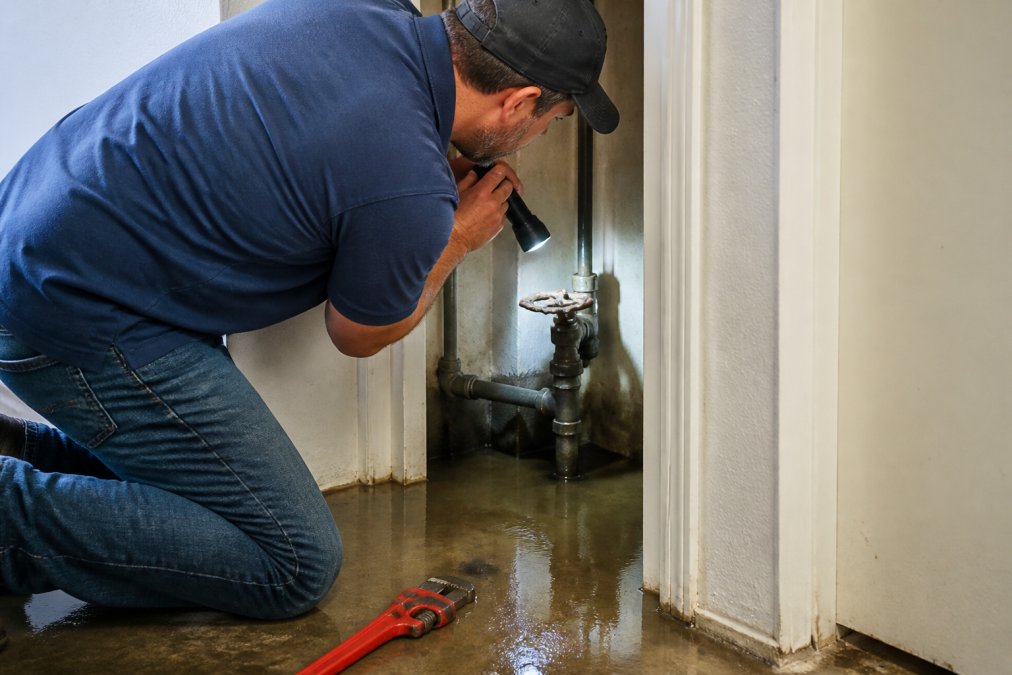 A property manager in casual work clothes kneeling beside an open main water shut-off valve in a utility closet, using a flashlight to locate the valve, with a wet floor and pipe wrench nearby