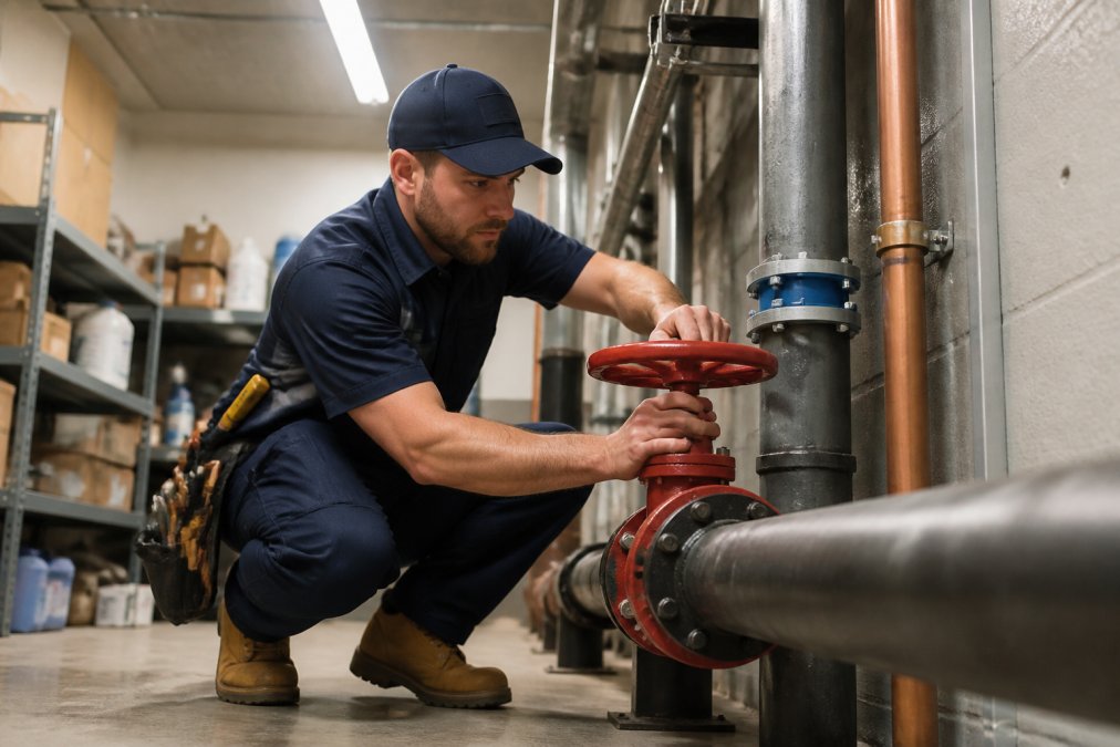 A licensed plumber in a branded uniform crouching in a commercial utility room, turning a large red gate valve on a main supply pipe under fluorescent lighting, with industrial shelving visible in the background