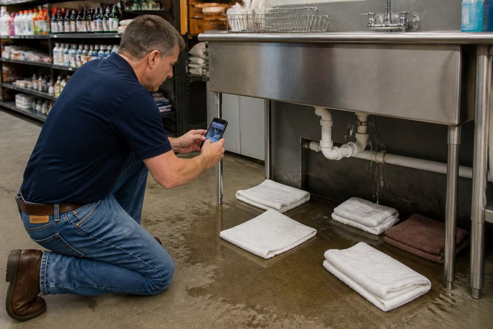 A small business owner in a retail space using a smartphone to photograph water pooling near a burst pipe under a utility sink, with folded towels placed on the floor around the affected area and fluorescent overhead lighting