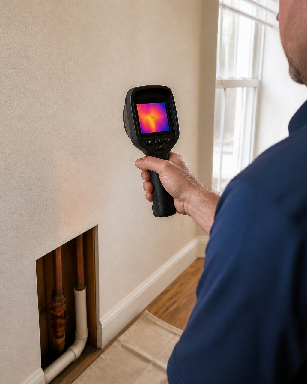 Professional technician using thermal imaging camera to detect temperature differences in residential wall during leak inspection, natural lighting from windows