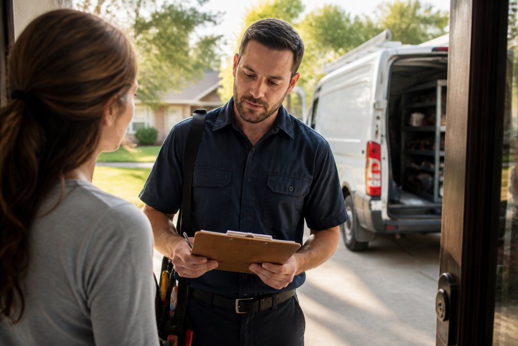A licensed plumber in uniform reviewing a work order on a clipboard at the front door of a residential home, with a white service van visible in the driveway behind them under bright afternoon sunlight
