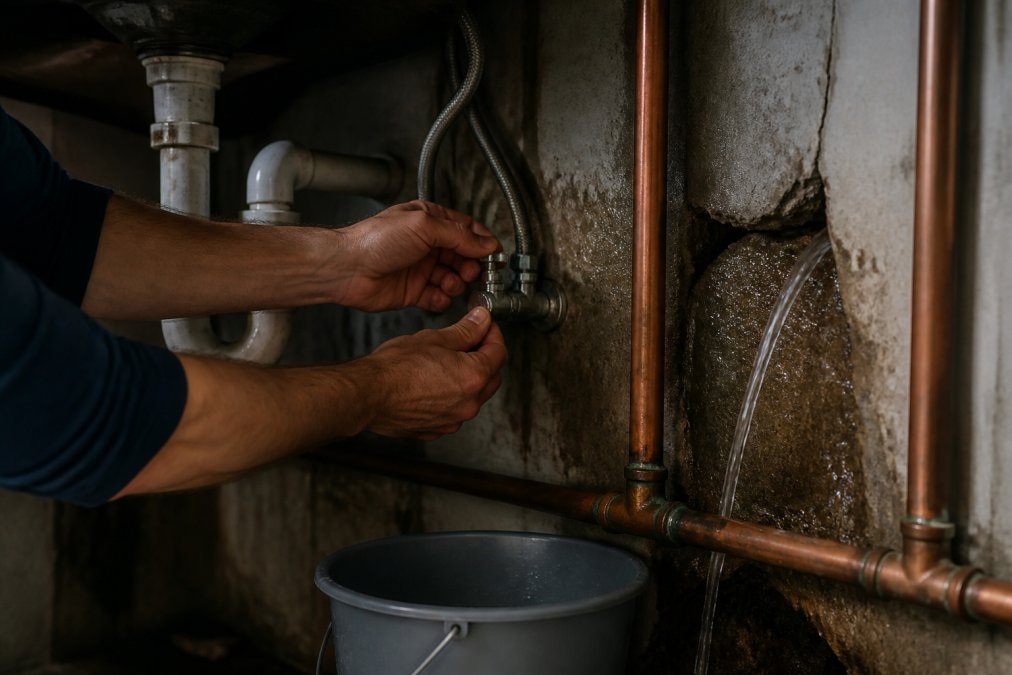 Homeowner's hands shutting off the main water valve under a sink, with visible water damage and burst pipe visible in the background, shot in dim basement lighting