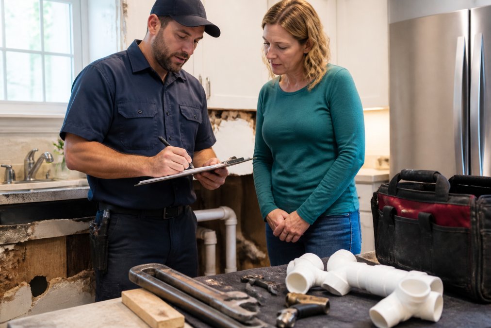 Certified plumber in uniform writing an estimate on a clipboard while discussing the work with a homeowner in their kitchen, with visible plumbing damage in background