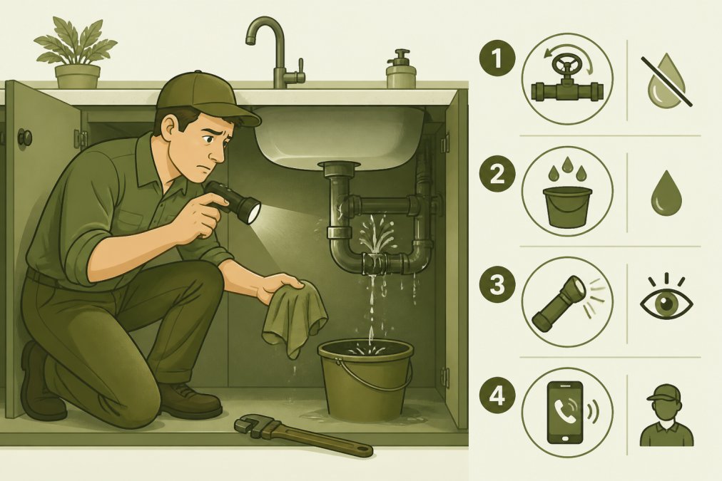Homeowner kneeling under sink examining a burst pipe with water actively dripping, holding a flashlight and towel, showing concern while taking action