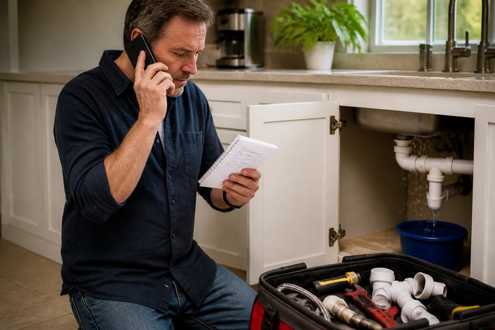 Homeowner on phone with plumbing dispatcher, holding a notepad with service details written down, appearing relieved and focused while standing near a leaking pipe