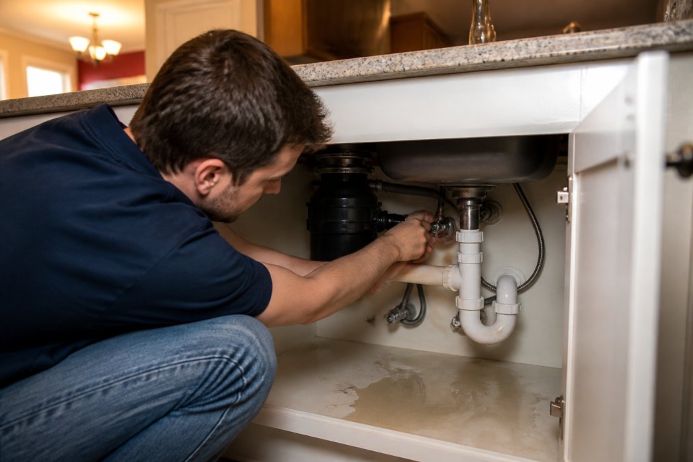 A homeowner crouching under a kitchen sink, turning the shut-off valve clockwise with both hands, water pooled on the cabinet floor beneath the pipes, kitchen visible in the background under warm overhead lighting