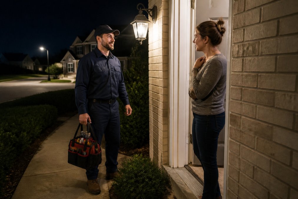 A licensed plumber in a branded uniform arriving at a residential front door at night, tool bag in hand, speaking with a homeowner in the doorway under a porch light, residential neighborhood visible in the background