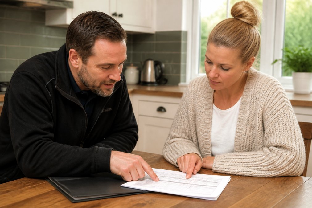 Homeowner reviewing a detailed payment plan agreement with a plumber at the kitchen table, both pointing at specific line items on the document, natural afternoon light from windows