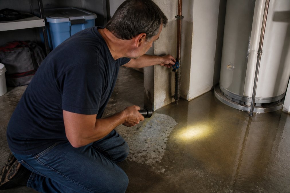Homeowner turning the main shut-off valve to assist with emergency plumbing repair near a leaking water heater.