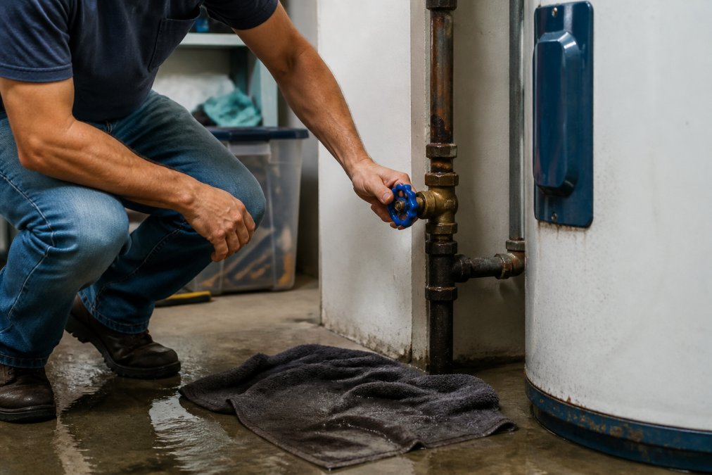 Homeowner turning off the main water valve to minimize emergency plumbing repair service cost during a leak.