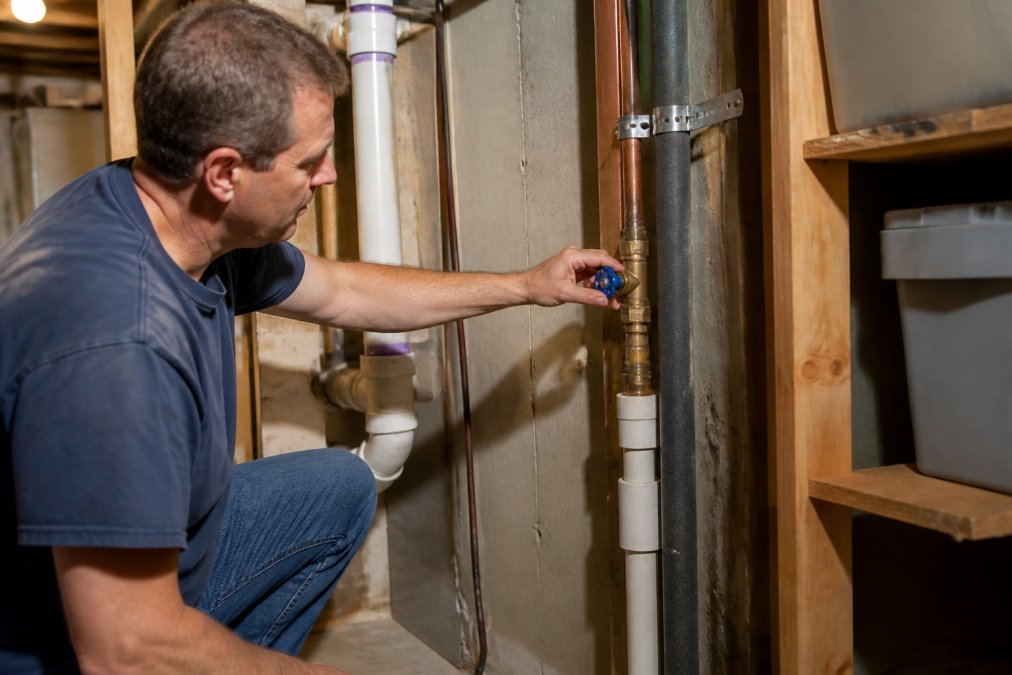 Homeowner locating and turning the main water shut-off valve in a basement utility area, showing the valve handle connected to copper and PVC pipes under warm incandescent lighting