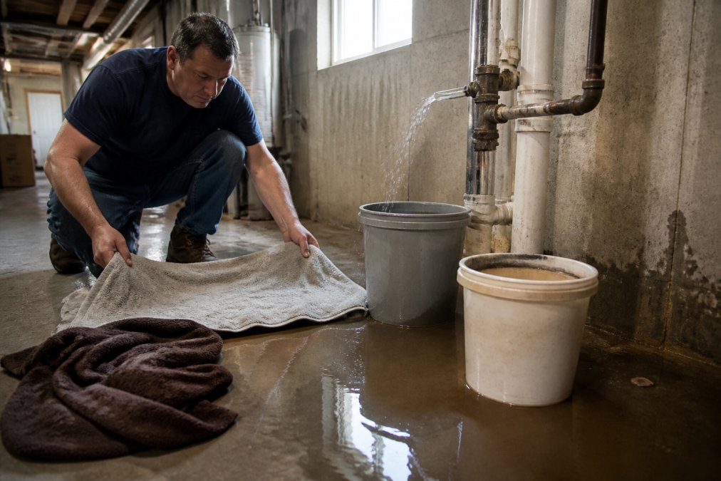 Person using towels and buckets to contain water from a burst pipe in a residential basement, with visible water pooling around pipes and concrete flooring under natural window light