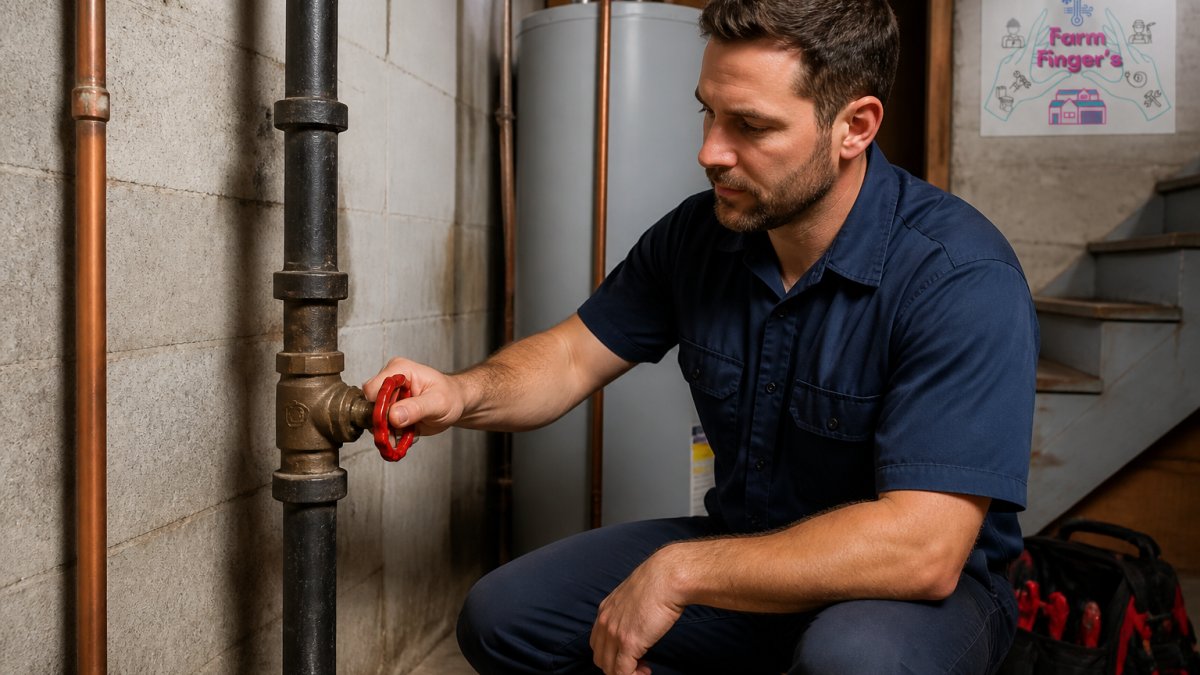 Professional demonstrating how to locate and turn off a main water shut-off valve in a basement, showing the valve handle clearly against the main water line