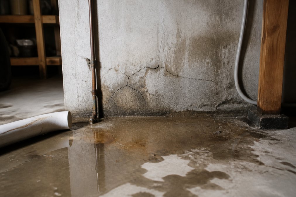 Close-up of water pooling on a basement floor near exposed pipes, with visible cracks and water stains on concrete walls