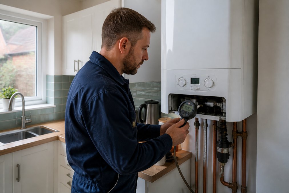 A professional heating engineer in navy workwear examining a modern wall-mounted boiler in a bright UK kitchen, holding a digital pressure gauge while reading the control panel display