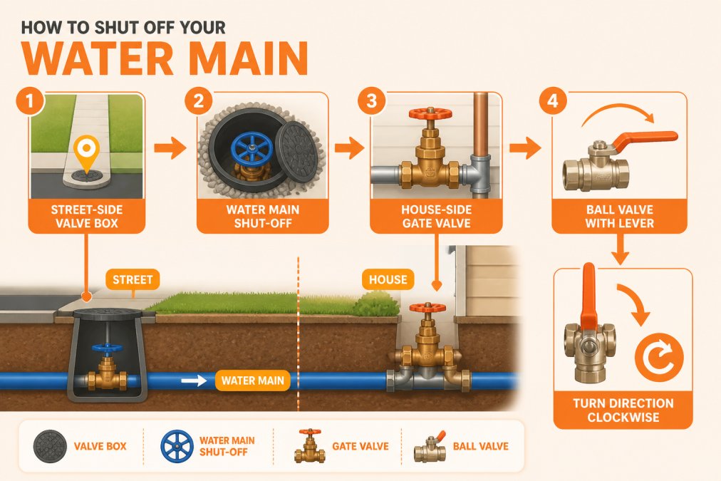 Flowchart showing water main shut-off locations and valve types: street-side valve box, house-side gate valve, ball valve with lever, turn direction clockwise, labeled components