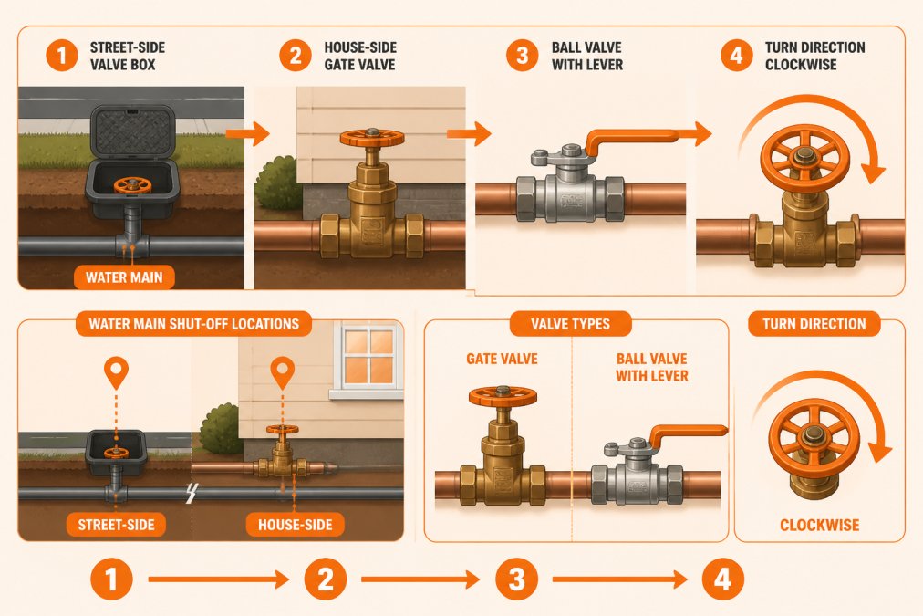 Visual checklist showing priority actions during plumbing emergency: identify problem, shut off water, contain water, call for help, with numbered steps and icons
