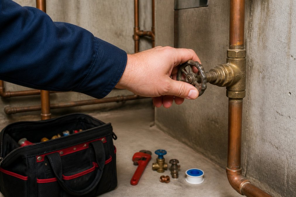 Homeowner's hand turning a metal shut-off valve handle located on a copper water pipe in a basement, with concrete wall and exposed pipes visible in the background