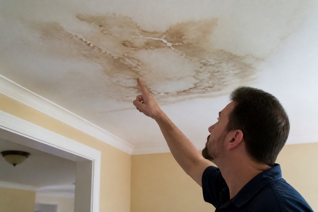 Ceiling with visible water stains and discoloration from a hidden pipe burst, showing a homeowner pointing to the affected area with moisture damage visible
