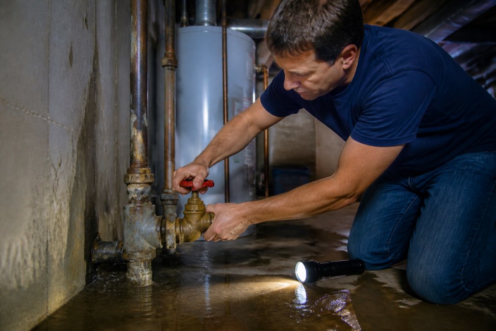 Homeowner turning the main water shut-off valve to manage an emergency plumbing situation in a flooded basement.