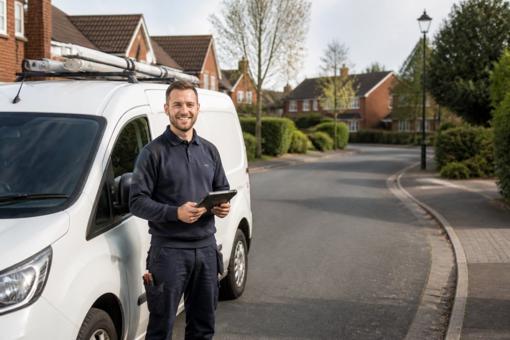 A professional plumber in branded navy workwear standing beside a white van in a quiet residential street in Solihull, holding a tablet and smiling, ready to assist a homeowner