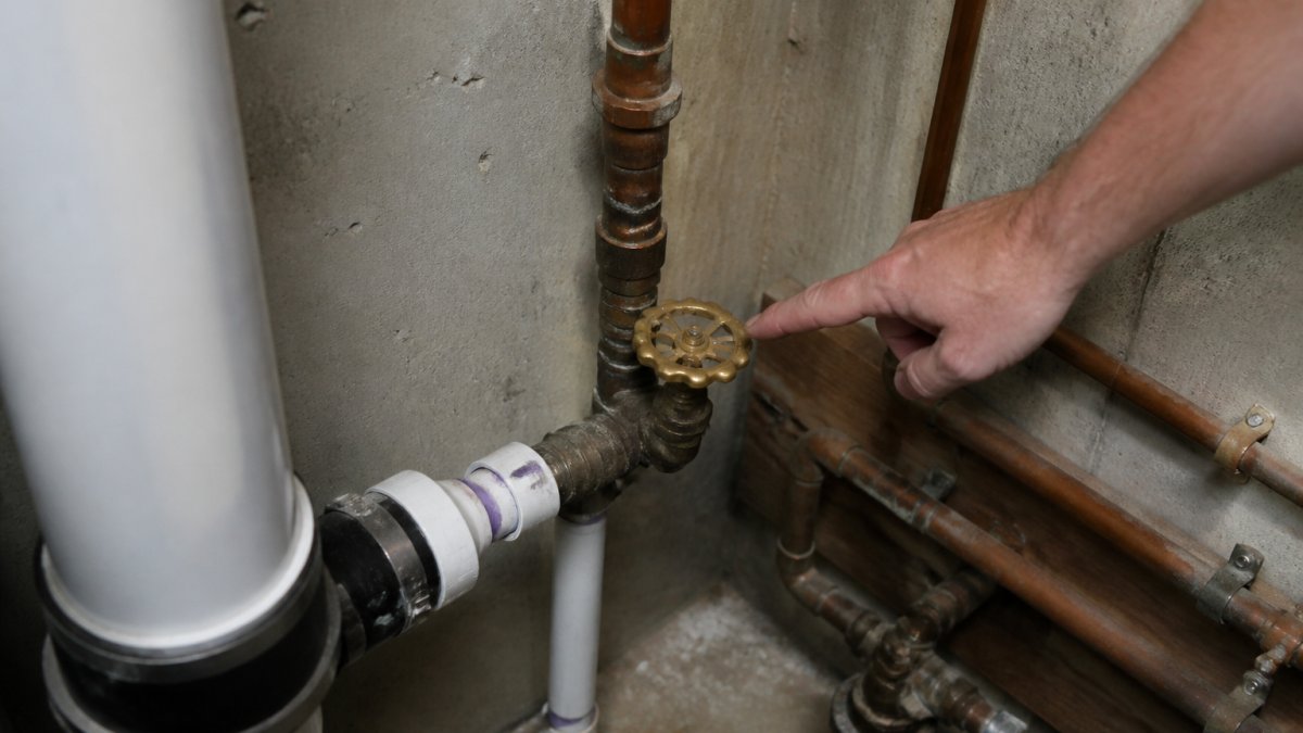 Homeowner's hand pointing to the main water shutoff valve in a basement corner, showing the brass valve handle and surrounding copper and PVC pipe work with concrete wall in background