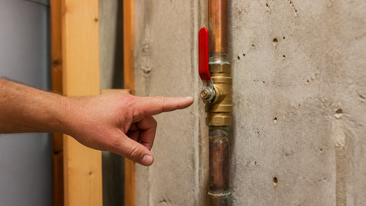 Close-up of a brass water shutoff valve with a red lever handle mounted on a copper pipe in a basement, with a hand pointing to the valve