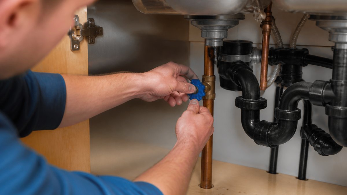 Homeowner shutting off main water valve beneath kitchen sink, hands gripping valve handle, showing clear valve location and position on copper pipe