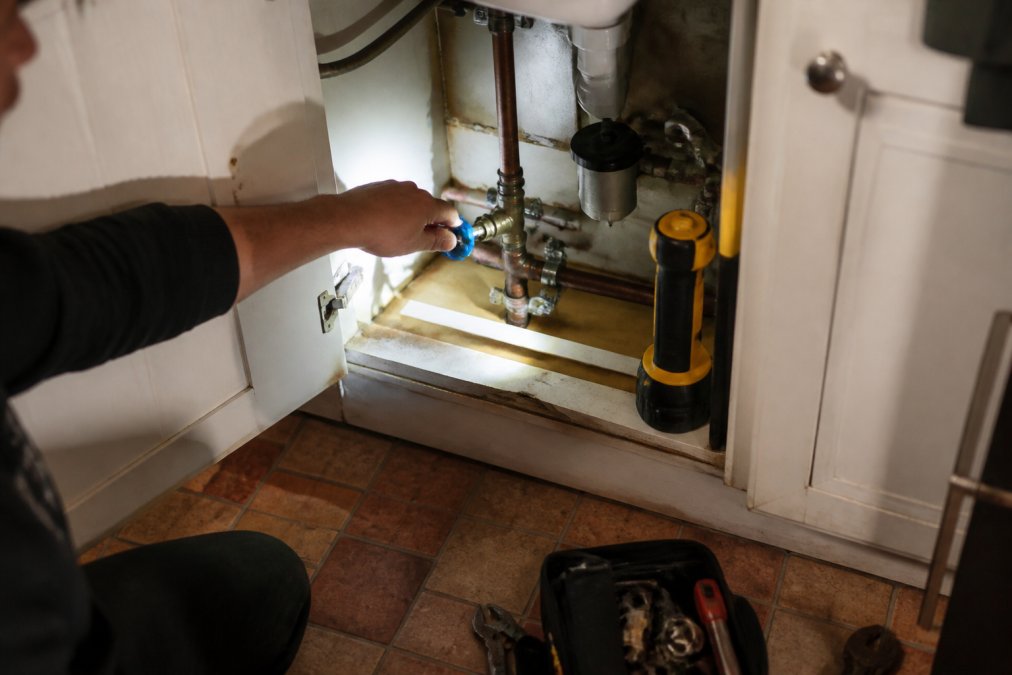A homeowner's hand turning the main water stopcock valve inside a kitchen utility cupboard, torchlight illuminating copper pipes and a tiled floor