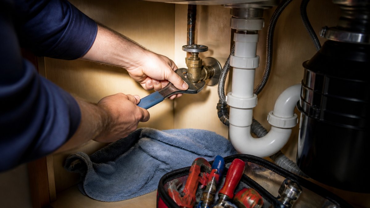 Homeowner's hands turning off the main water shut-off valve under a kitchen sink with an adjustable wrench, focused lighting on the valve mechanism