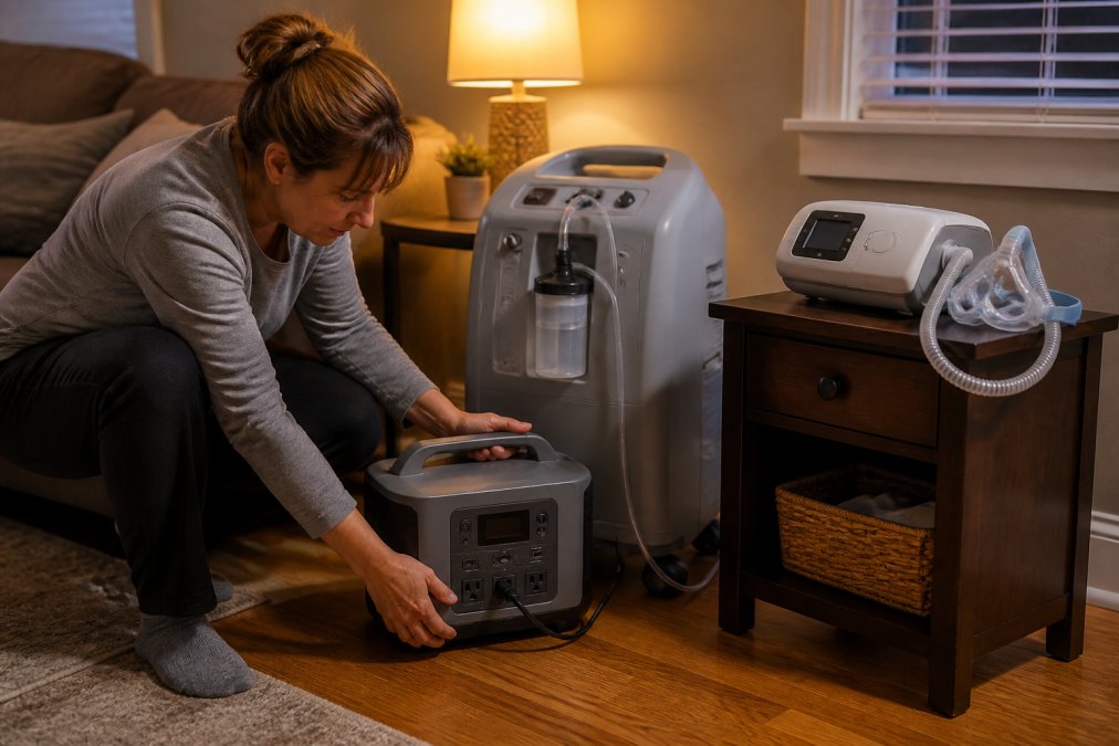 Infographic showing the emergency power backup setup process for home oxygen concentrators and CPAP machines.